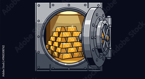 Stack of gold bars inside an open vault