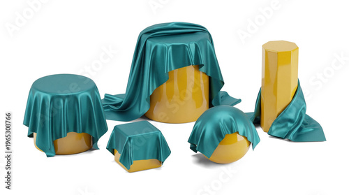 фотографія Abstract composition of various yellow geometric shapes partially covered with elegant teal fabric