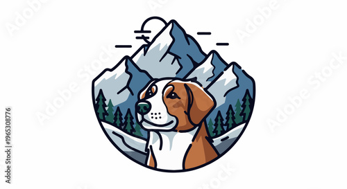 Stylized dog portrait with mountainous backdrop and pine trees