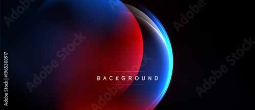Abstract design features vibrant blue, red gradients. Dark background emphasizes glowing circular shapes, text reads background. Modern, dynamic visual.