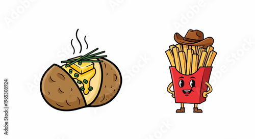 A cartoon baked potato with butter and chives sits next to a carton of french fries