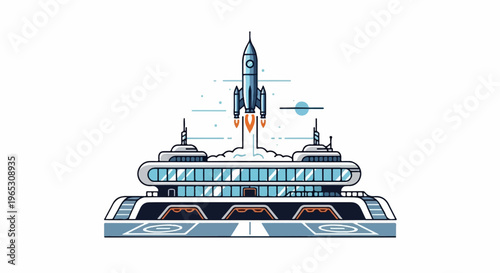A stylized rocket launches from a futuristic spaceport structure