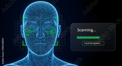 Futuristic digital human silhouette with processing interface, medical AI data visualization, biometric scanning and health optimization concept