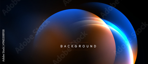 Abstract design features glowing curves, gradients. Dark background emphasizes vibrant blue, orange hues. Minimalist text reads background.