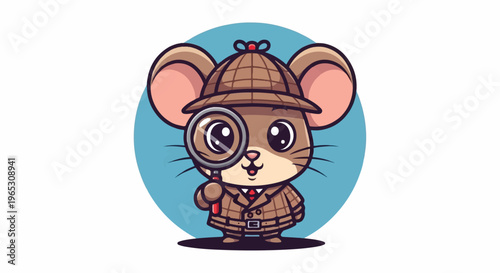Adorable cartoon mouse detective holds magnifying glass, wearing a hat and coat