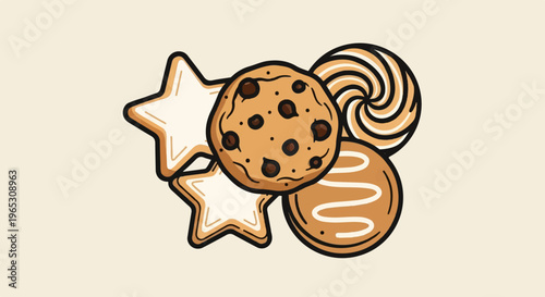 Assortment of sweet treats with star cookies, a chocolate chip cookie, and swirl lollipop