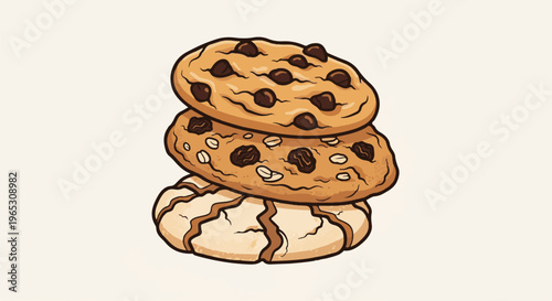 Stack of three delicious cookies, chocolate chip and oat varieties