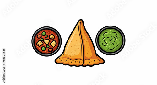 A triangular fried pastry sits between two bowls of dipping sauce