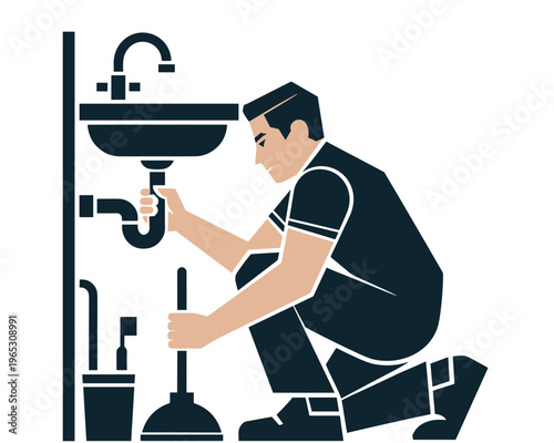 Plumber Fixing Sink Pipe with Plunger and Cleaning Brush