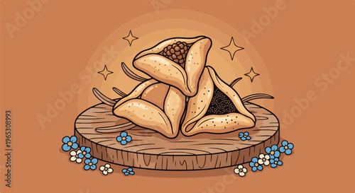 Stack of three triangular filled pastries on a wooden stand with flowers