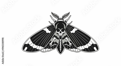 Black and white illustration of a moth with a skull and crossbones design