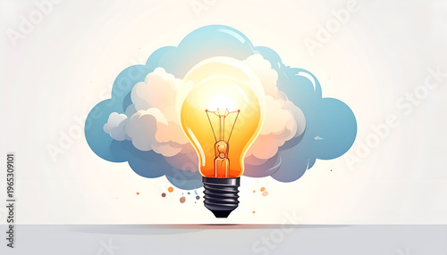 Glowing light bulb emitting bright light in front of blue cloud shaped background