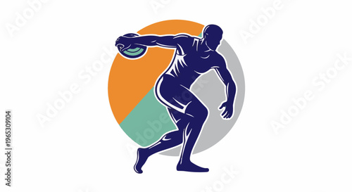 Stylized discus thrower in motion against abstract geometric background