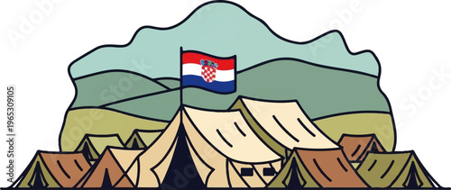 Camping scene with Croatian flag waving atop tents amidst rolling hills