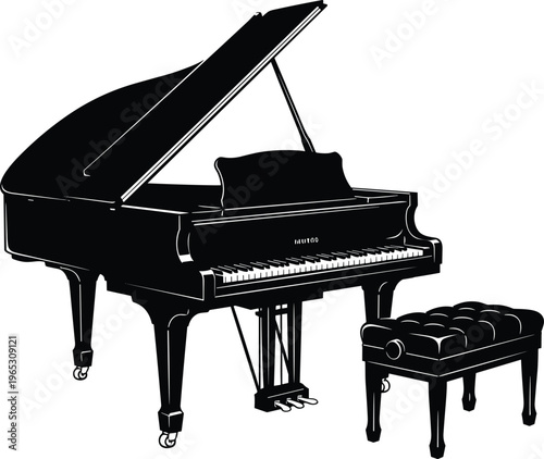 Silhouette illustration of grand piano with cushioned bench, open lid, classic concert instrument, elegant musical performance design