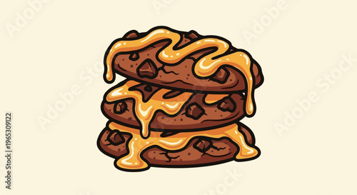 Stacked chocolate chip cookies with dripping caramel topping