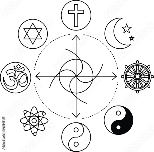 A circular arrangement of various world religious symbols surrounding a central abstract icon