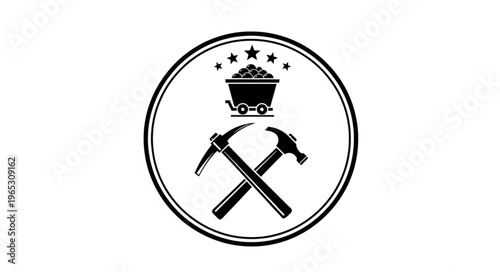 Mining Industry Emblem - Crossed Pickaxes, Coal Cart, and Stars in Circular Design.