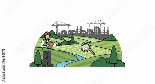 Surveyor in hardhat examines land grid with magnifying glass