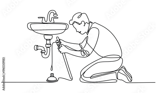 Plumber Repairing Sink Drain Using Plunger and Tools