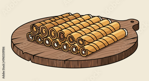 Stacked crispy rolled wafers filled with chocolate and cream on a wood board