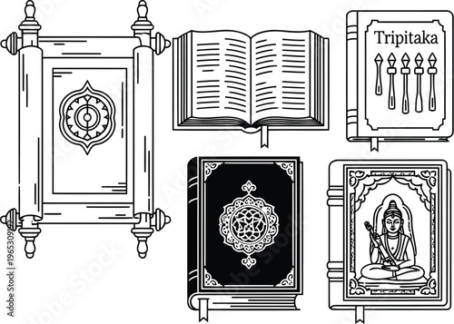 A collection of sacred religious texts and ancient scriptures illustrated in a black and white style