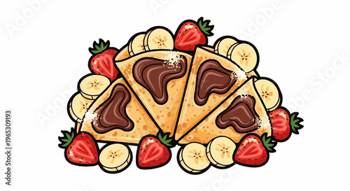 Stacked crepes with chocolate spread, banana slices, and fresh strawberries