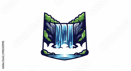 Stylized waterfall cascading into a serene pool, framed by lush foliage