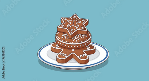Stacked holiday gingerbread cookies on a plate against blue