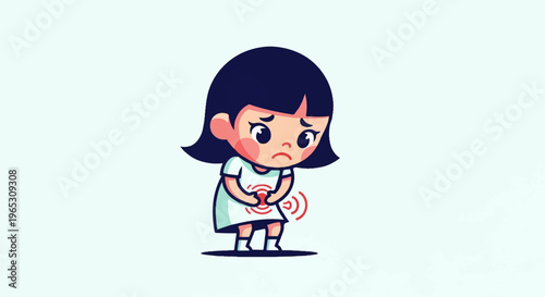 Cartoon girl with stomach ache, holding her belly, looking sad