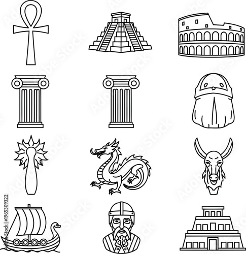 A collection of twelve diverse historical and cultural symbols drawn in a simple sketch style