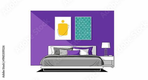 A modern bedroom illustration with purple walls, a bed, art, and a nightstand