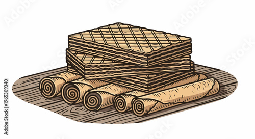 Stacked layered wafers with rolled wafer biscuits on a wooden platter