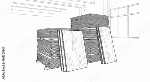 Stacked lumber and wood panels in a workshop setting