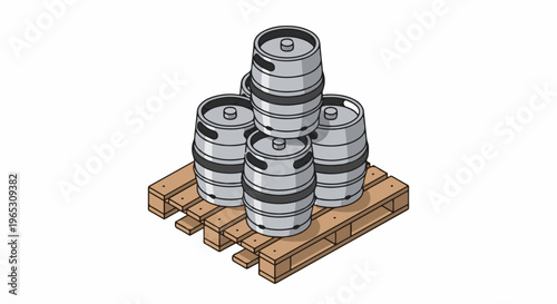 Stacked metal kegs on a wooden pallet, isometric view