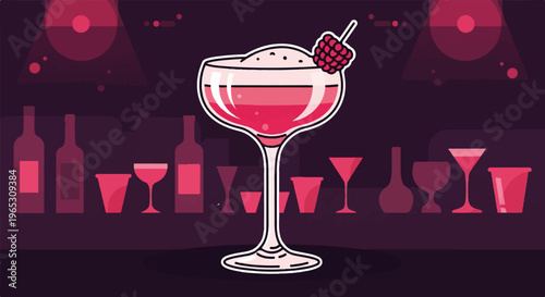 A pink cocktail with raspberry garnish sits center stage, surrounded by barware