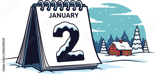 A snowy January 2nd scene with a cabin and fir trees