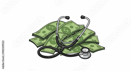 A stethoscope rests on a pile of green banknotes with dollar signs