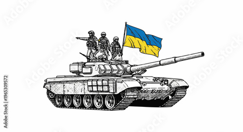 Soldiers stand atop a tank flying the national flag with determination