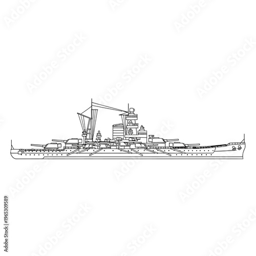 Battleship Outline Drawing, Naval Warship Side View Vector Art