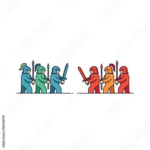 Cartoon knights clashing swords in battle, colorful warrior characters opposing each other.