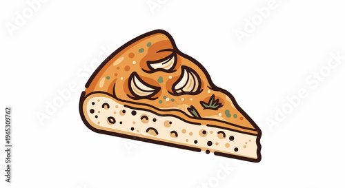 A whimsical slice of focaccia bread topped with garlic and herbs