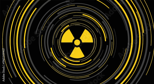 A yellow radiation symbol is centered within concentric rings of yellow and grey lines on a black background