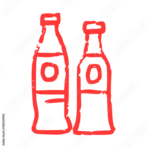 Soda Cola Bottles Hand Drawn Crayon Wax Doodle Element, Soft Drink Beverage, Refreshment, Rough Texture Illustration