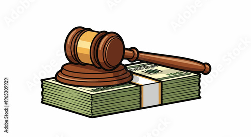 A wooden gavel rests on a stack of US dollar bills