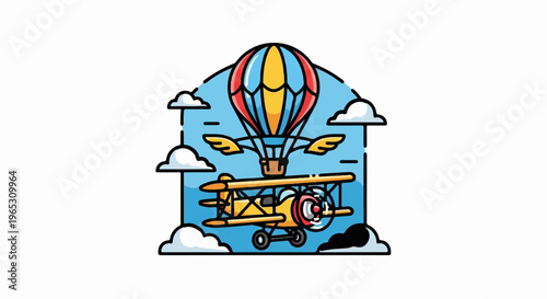 Stylized hot air balloon and biplane soar through a cloudy sky