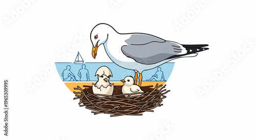 Adult seagull watches over chicks in nest near beach with silhouetted people