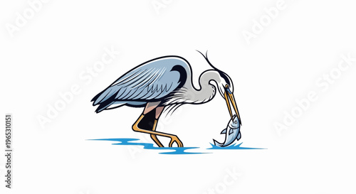 Cartoon heron catches fish in blue water