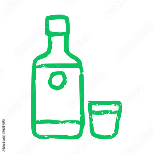 Liquor Bottle and Shot Glass Hand Drawn Crayon Wax Doodle Element, Alcohol Drink Concept, Rough Texture Illustration