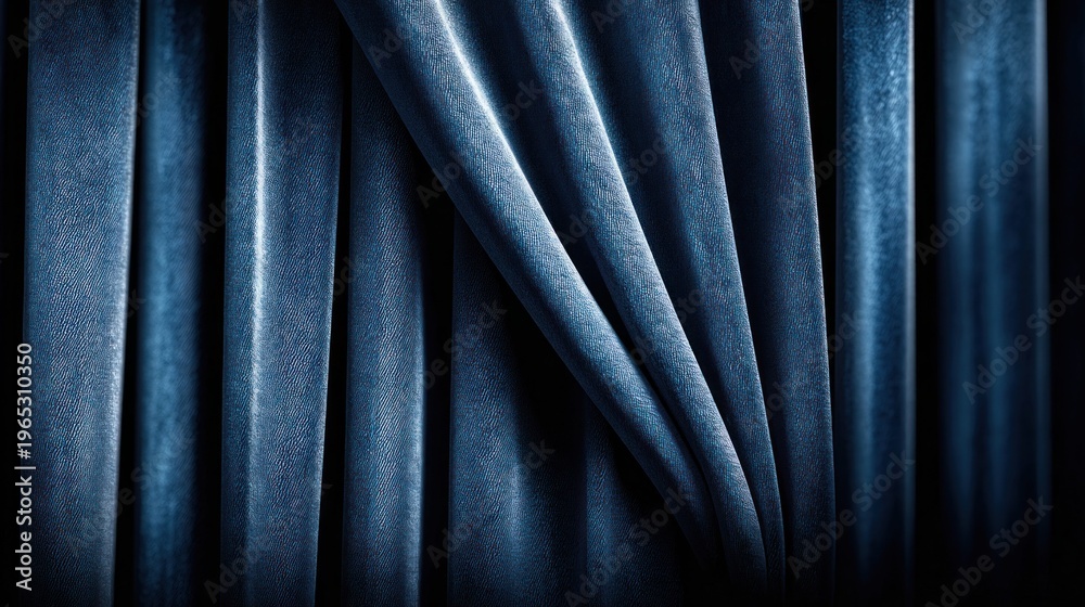 Fototapeta premium Deep blue velvet fabric drapes with soft folds and subtle texture, creating a luxurious backdrop
